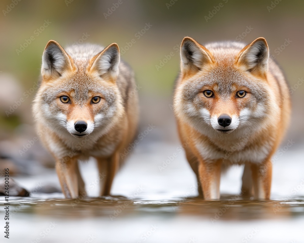 Obraz premium Two foxes walking through a shallow stream.