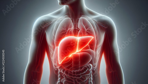 human body anatomy with red glow on liver