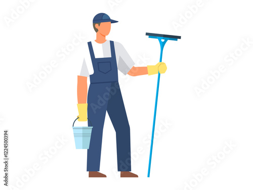 Worker holding squeegee and bucket in uniform. Ideal for cleaning service, janitor worker, maintenance illustration, housekeeping advertisement, sanitary worker visual. Modern flat art style