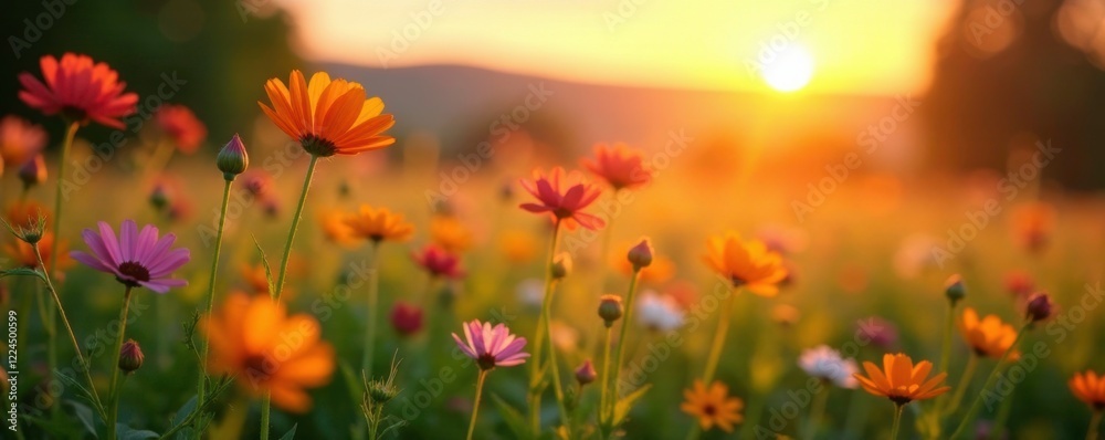 Fototapeta premium Softly lit wildflowers in a peaceful meadow at sunset, calm, softly lit, warm light