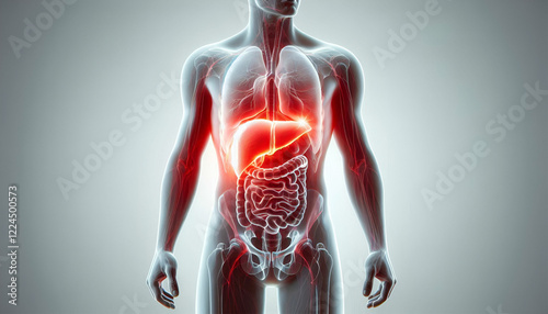 human body anatomy with red glow on liver
