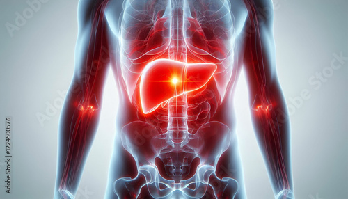 human body anatomy with red glow on liver