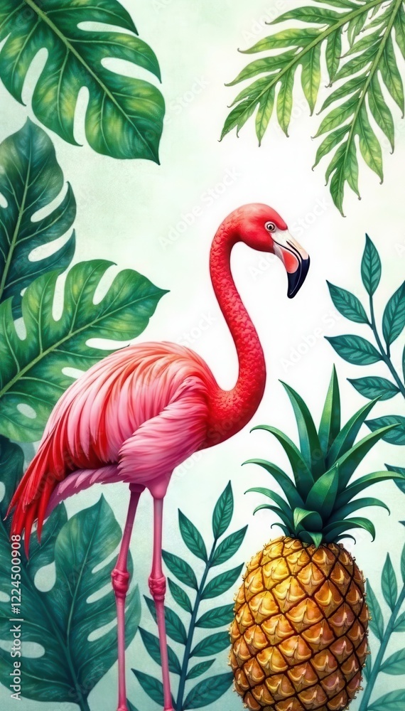 Obraz premium Vibrant watercolor jungle leaves, flamingo, pineapple , wrapping paper, art