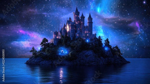 Mystical castle on a serene island, vibrant auroras arching across a starry night sky
