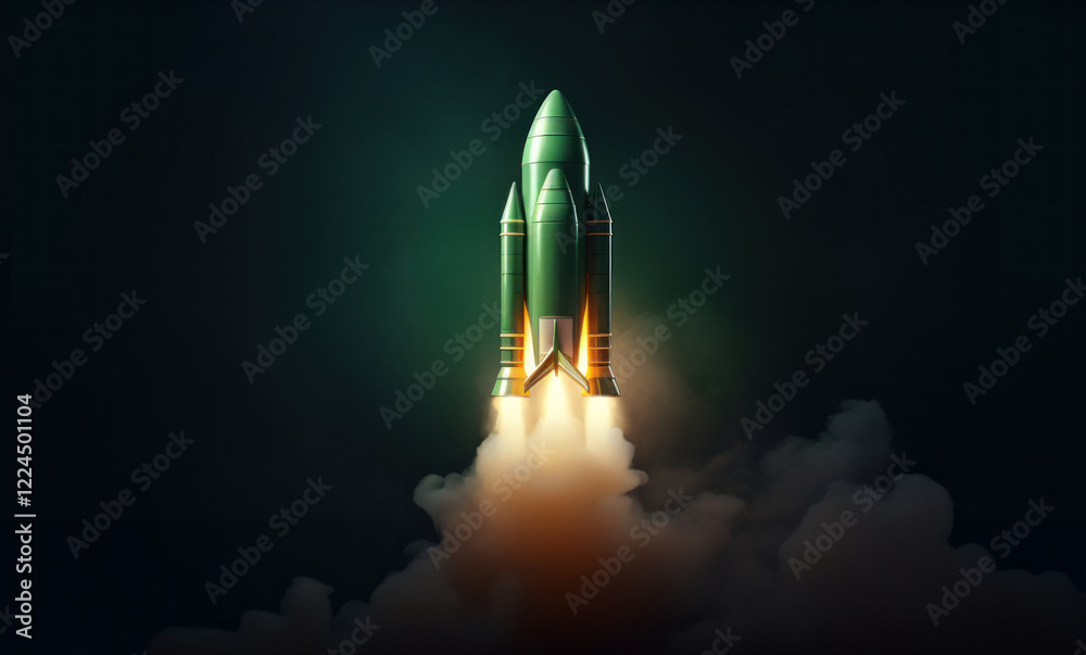 Obraz premium Stunning Nighttime Rocket Launch with Bright Glowing Flames