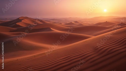 Fototapeta Naklejka Na Ścianę i Meble -  Expansive sand dunes glowing under the soft purple and orange hues of twilight. The rippled patterns of the sand create a dynamic texture.