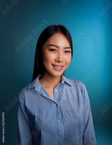 Smiling Vietnamese woman in a blue blouse with green eyes 28mm photorealistic, cinematic neutral background Design vertical photo