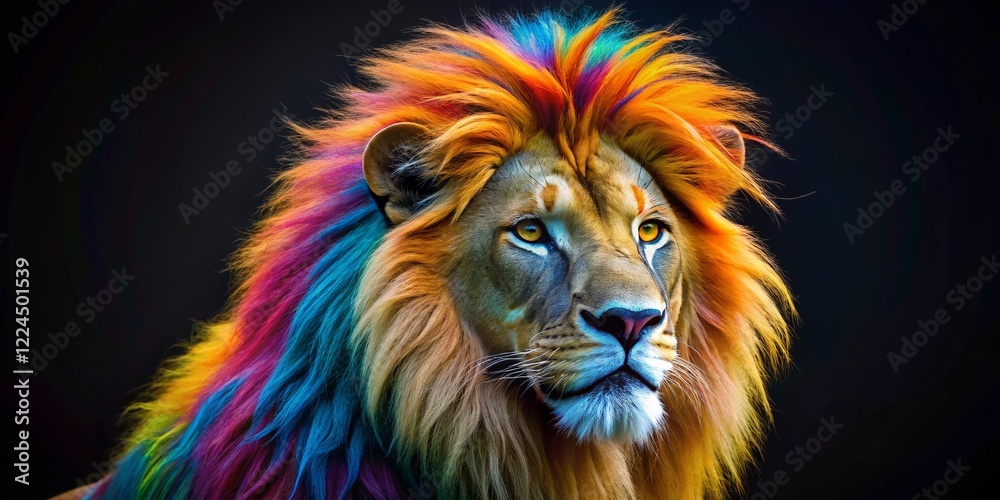 Fototapeta premium Close-Up Colorful Lion Portrait, Miniature Effect, Black Background - Stock Photo