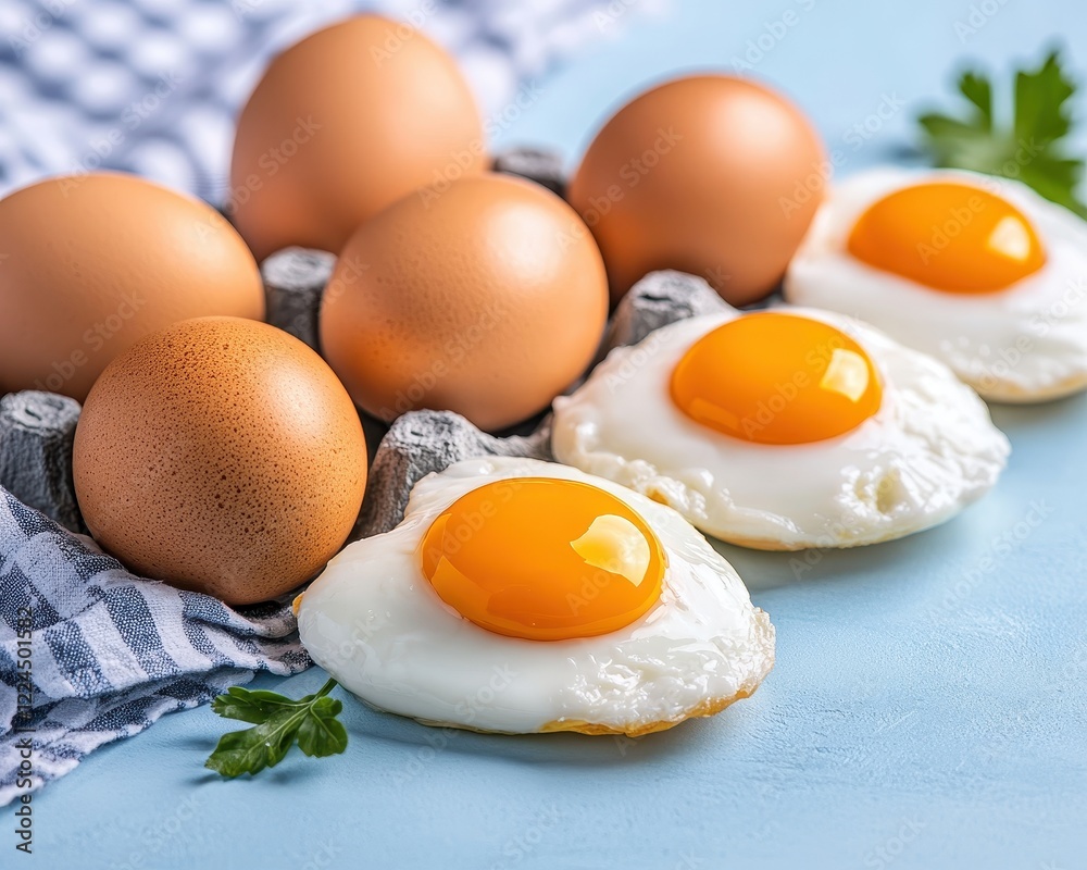 Fresh eggs on a blue countertop, ready to cook. Fresh eggs on a blue countertop, ready to cook.