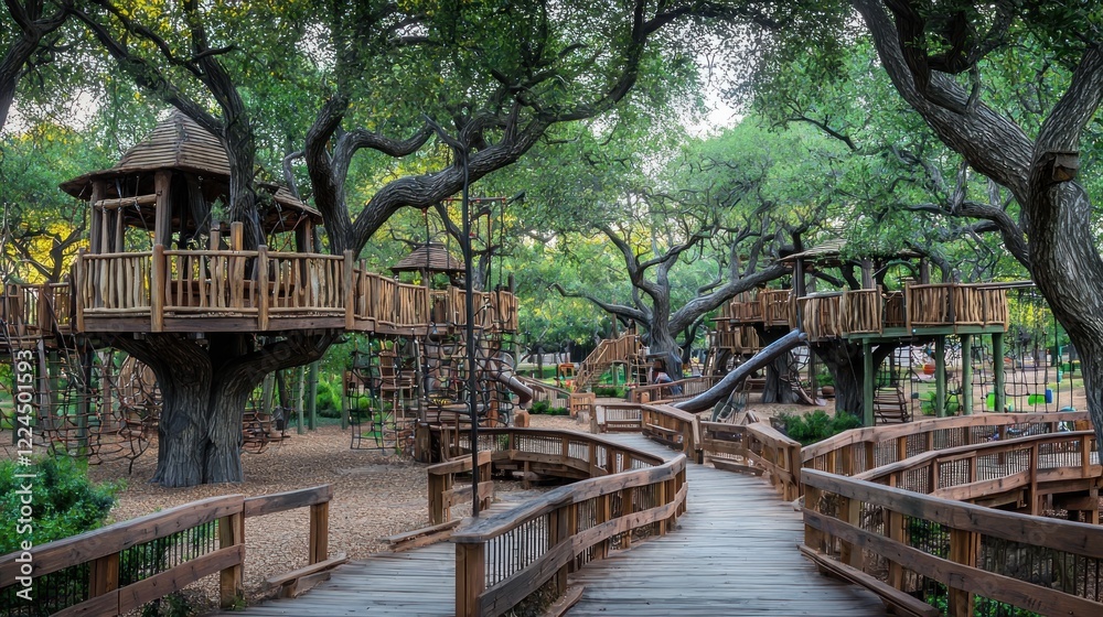 Wooden treehouse playground, winding path, lush park, kids playing Wooden treehouse playground, winding path, lush park, kids playing