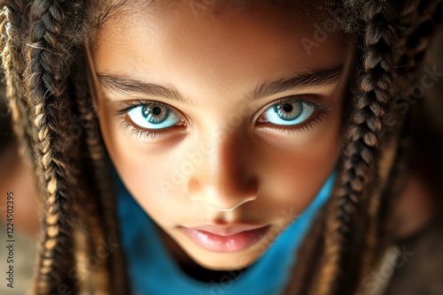 Stunning calm mixed-race girl - for ads, poster and digital marketing use. Commercial ad campaign concept art. Long coiffure - braids hair. African american beauty trends. Black girl haircare.