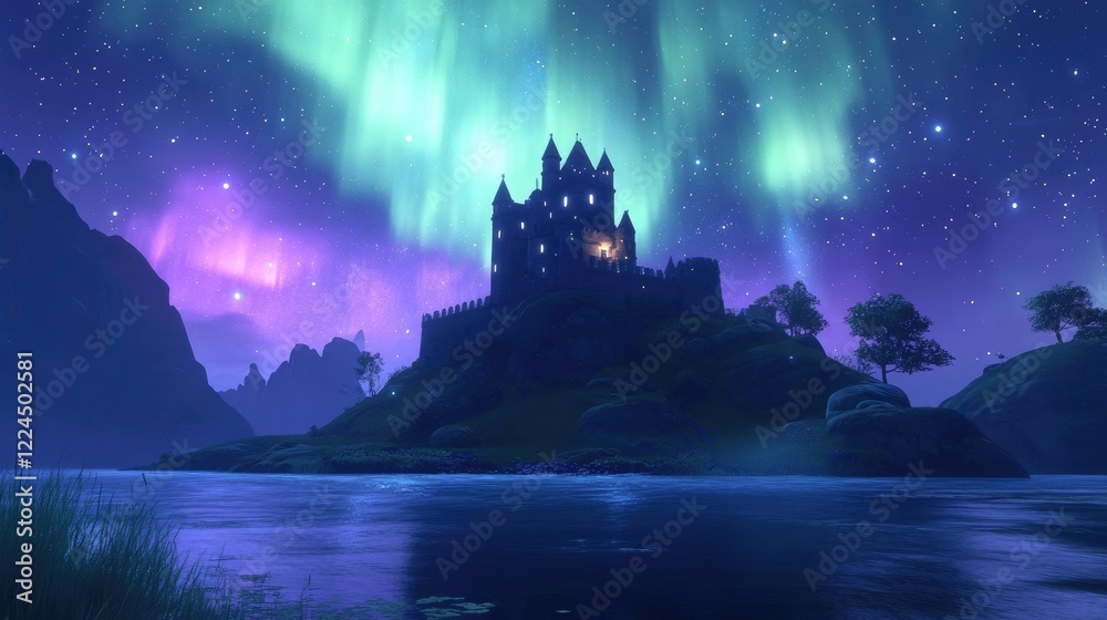 A castle glowing under breathtaking auroras and shimmering stars on a tranquil island at night A castle glowing under breathtaking auroras and shimmering stars on a tranquil island at night