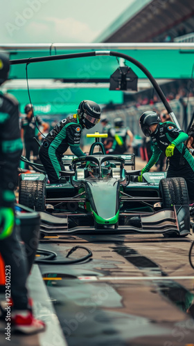 A dynamic close-up of a racing team performing a pitstop, with a focus on the driver and mechanics in motion. photo