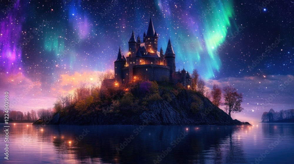 Fototapeta premium A fairytale castle resting on a tranquil island under radiant auroras and shimmering stars