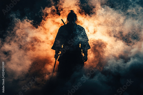 A samurai or ninja stands on a mountain at night against a backdrop of red clouds of smoke. Generated by artificial intelligence photo