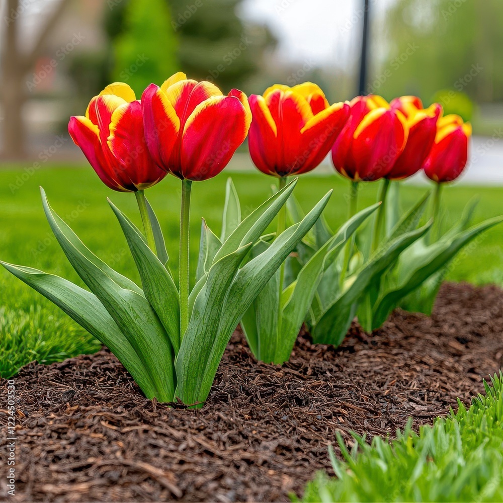 A row of vibrant tulips in bloom, arranged in a neat, colorful garden bed. High Quality A row of vibrant tulips in bloom, arranged in a neat, colorful garden bed. High Quality