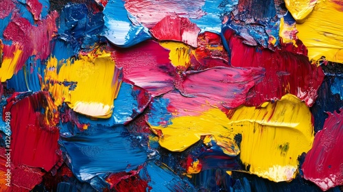 Abstract background with chaotic brushstrokes in vibrant reds, yellows, and blues on a dark base photo