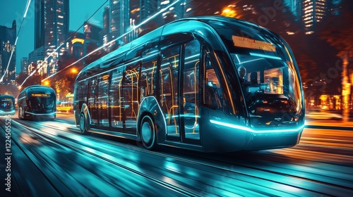A futuristic electric bus travels through a vibrant, illuminated city at night, showcasing modern urban transportation.