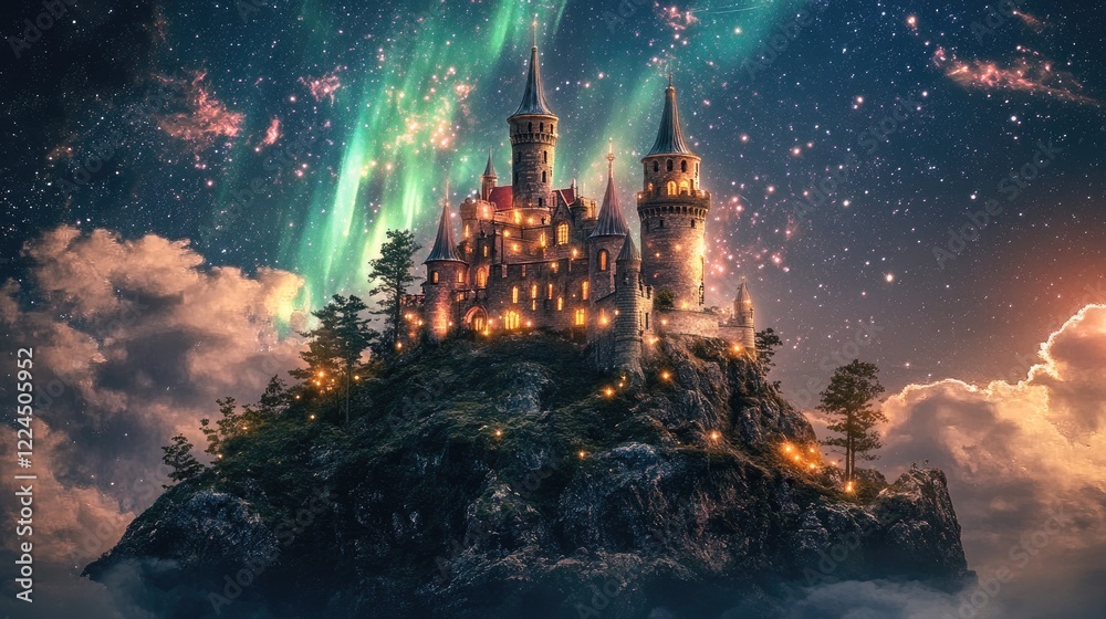 Fototapeta premium A magical castle on an island encircled by shimmering auroras and a star-filled vivid night sky