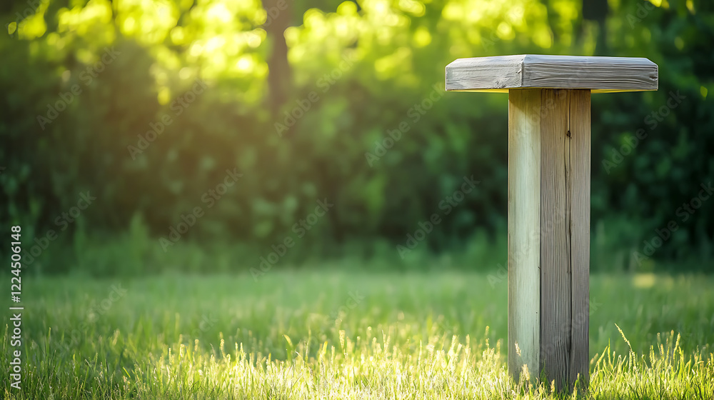 Rustic wooden podium standing in backlit garden with sunlit grass and bokeh nature background Rustic wooden podium standing in backlit garden with sunlit grass and bokeh nature background