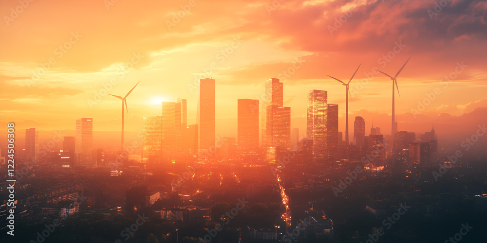 Fototapeta premium Sunset Cityscape with Wind Turbines: A vibrant sunset casts a warm, orange glow over a modern cityscape, with wind turbines silhouetted against the fiery sky.