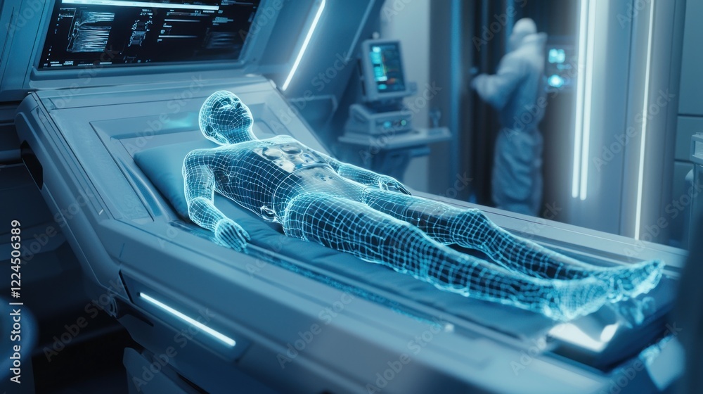 Fototapeta premium Futuristic Medical Scan: A Holographic Human Body Scanned on a Sleek High-Tech Table