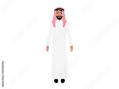 Saudi Arabian man wearing a white robe and a red and white headscarf, standing with a confident posture. Ideal for cultural representation, Middle Eastern traditions, vector art, educational materials