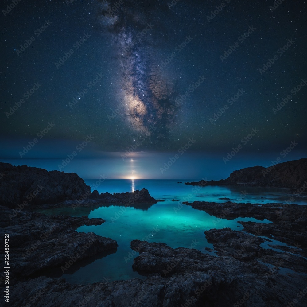Naklejka premium A siren's sapphire lagoon under the starlit sky.Coastal Atmospheres