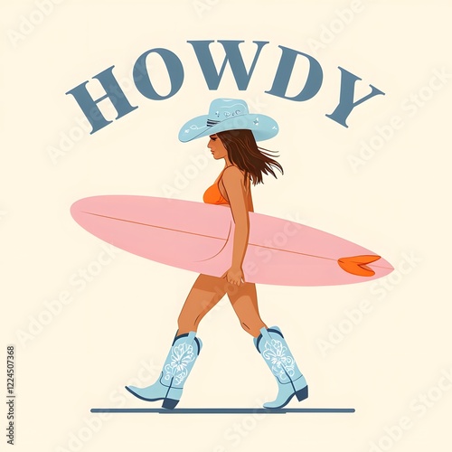 Minimalist Cowboy Woman with Surfboard Illustration T-Shirt photo