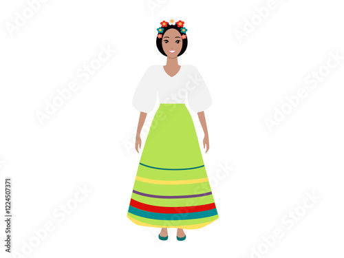 Italian woman with bob haircut wearing a traditional dress with puffed sleeves and a full skirt adorned with bright stripes. Donning a headpiece of vibrant flowers. Ideal for cultural celebrations