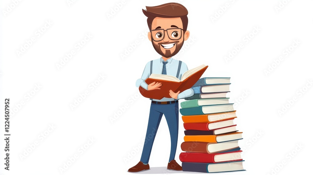 Cartoon Character with Book Standing Beside Colorful Stacked Books Cartoon Character with Book Standing Beside Colorful Stacked Books