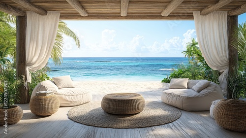 Beach view from a wooden porch with white cushions and woven furniture under a clear sky