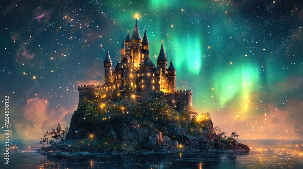 Fototapeta premium Dreamlike castle perched on an island, vibrant auroras and stars illuminating the night