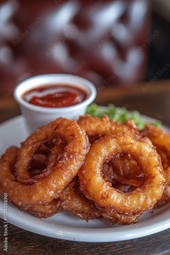 Golden fried onion rings with red sauce on a white plate on a wooden table close up view Golden fried onion rings with red sauce on a white plate on a wooden table close up view