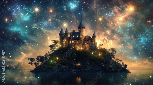 Enchanted castle on a mystical island, under sweeping auroras and glowing constellations