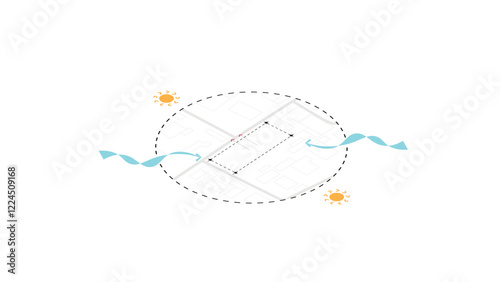 isometric architecture site analysis symbol icon element drawing graphic flat isolated vector. architecture element line sun wind sound sun path vegetation.