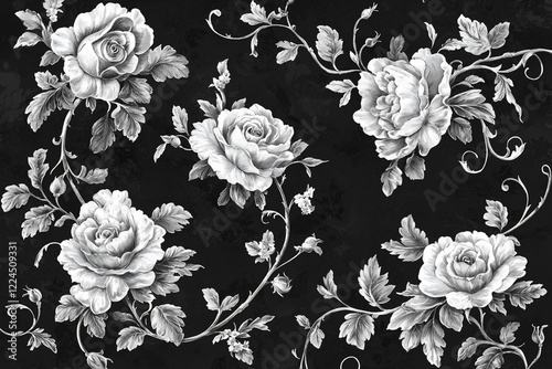 Wallpaper Mural Elegant black and white floral pattern featuring roses and leaves, perfect for textile design Torontodigital.ca