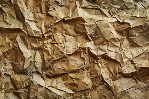 Image of Crumpled sheet of toned brown paper. Texture for background usage photo