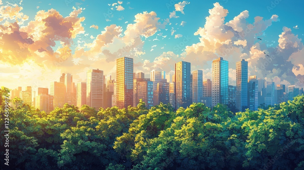 A vibrant city skyline at sunset, surrounded by lush greenery and colorful clouds, showcasing the beauty of urban and natural harmony.