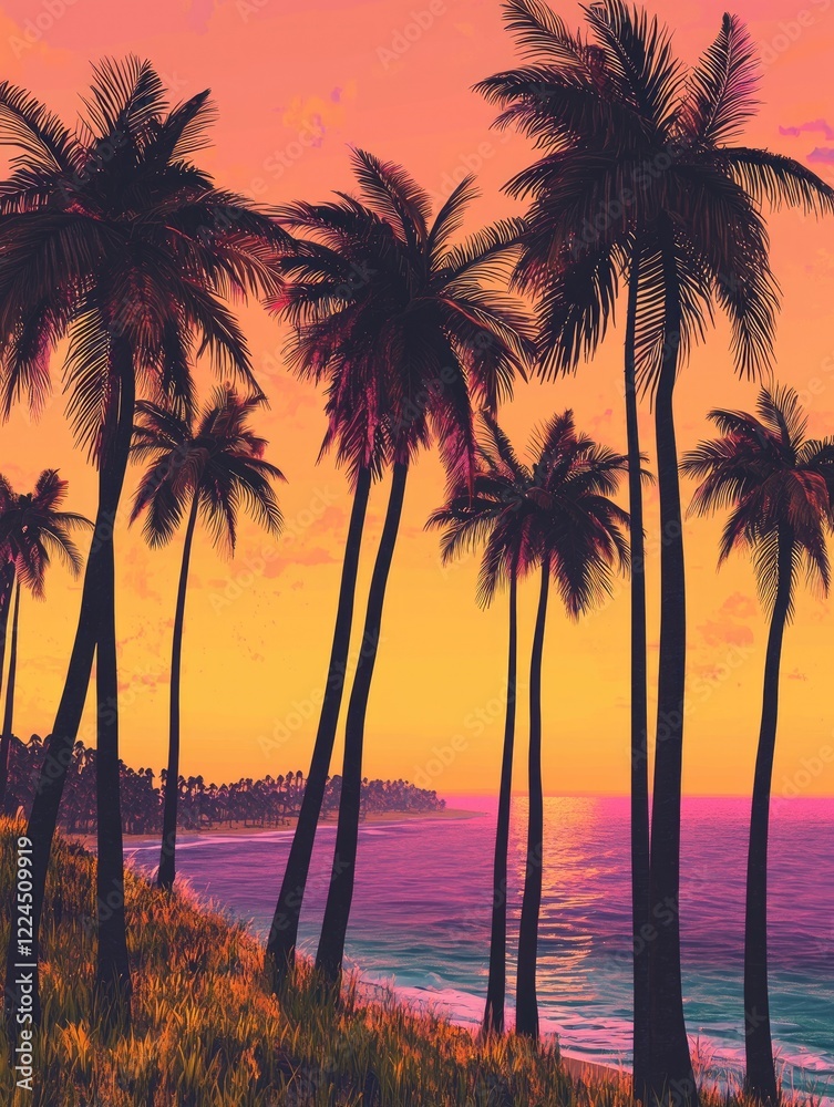 Obraz premium Silhouetted Palm Trees Frame Vibrant Sunset Ocean View