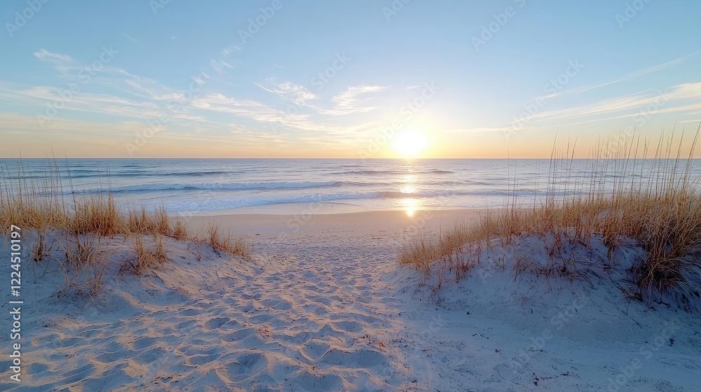 Serene sunset over ocean beach; sand dunes path. Use travel brochure Serene sunset over ocean beach; sand dunes path. Use travel brochure