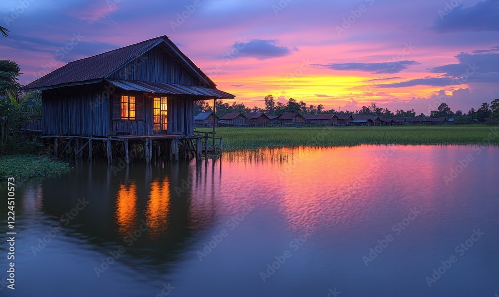 Fototapeta premium Sunset over water, illuminated houses.