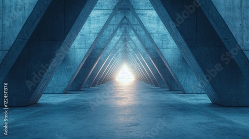 Concrete tunnel with triangular beams leading to a bright light at the end of the passage