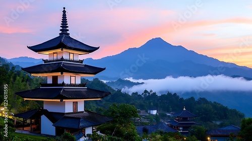 Serene Pagoda at Sunrise Over Misty Mountains