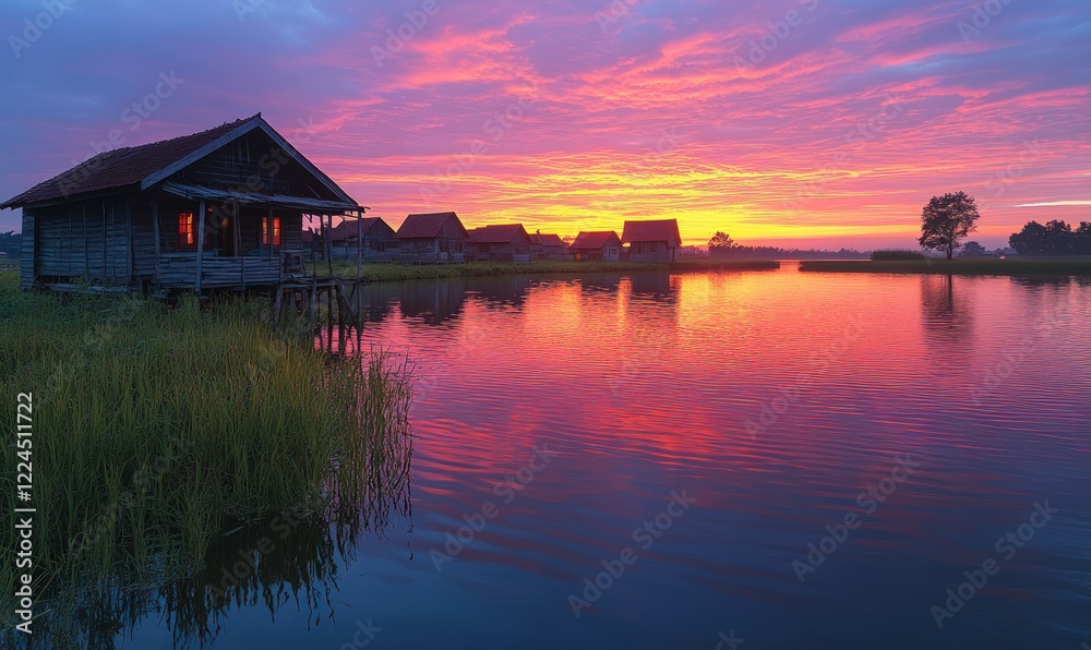 Fototapeta premium Waterfront houses reflect vibrant sunset hues.