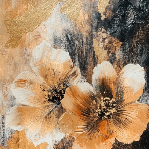 Golden floral art, textured background, home decor photo