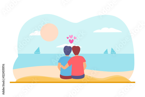 A gay male couple sits on a beach, gazing at the sea with sailboats and a sunset, symbolizing love. Designed for romantic content, like Valentine’s Day. LGBTQ vector illustration.