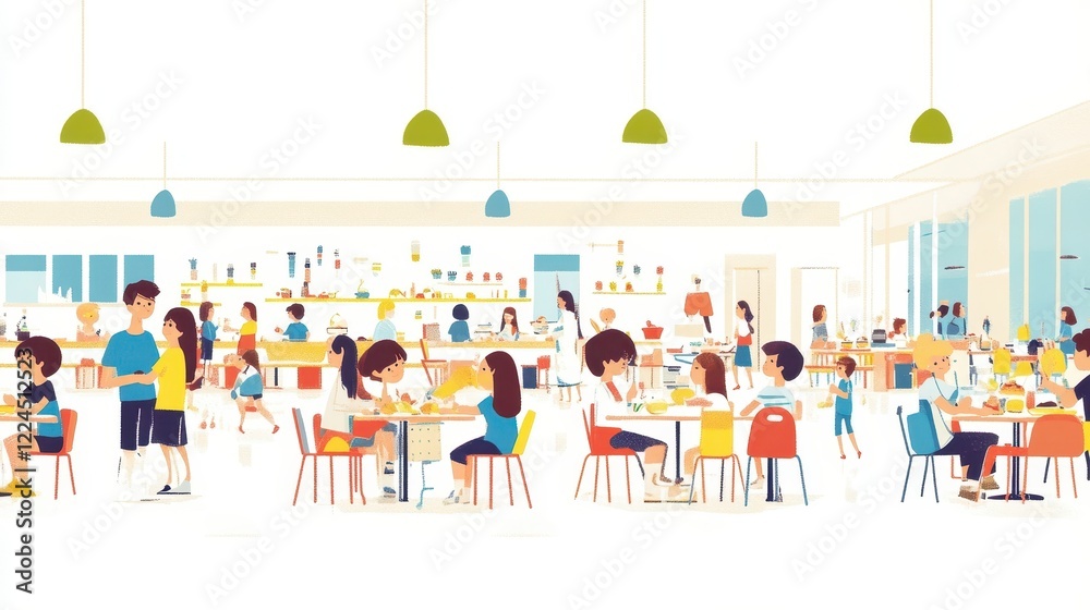 Fototapeta premium Vibrant Cafeteria Scene with Diverse Groups Enjoying Their Meals