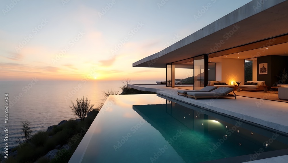 Fototapeta premium A modern home with a pool overlooks the sunset over the ocean.