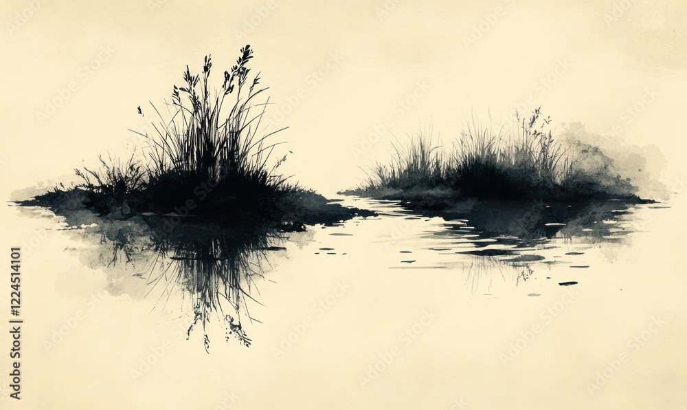 Fototapeta premium Water reflects dark, grassy islands.